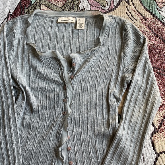 DKNY Ribbed Frill Pointelle Knit Cardigan Top🌬️ - Picture 2 of 8